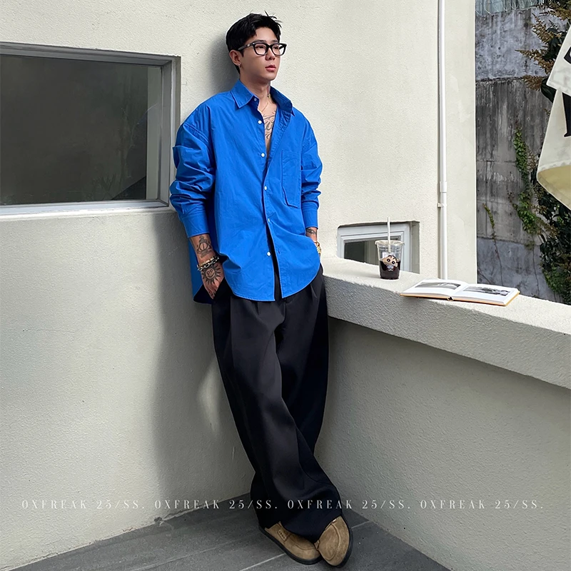 OXFREAK 「定染全棉 克莱因蓝」纯色长袖衬衫男廓形宽松翻领外套