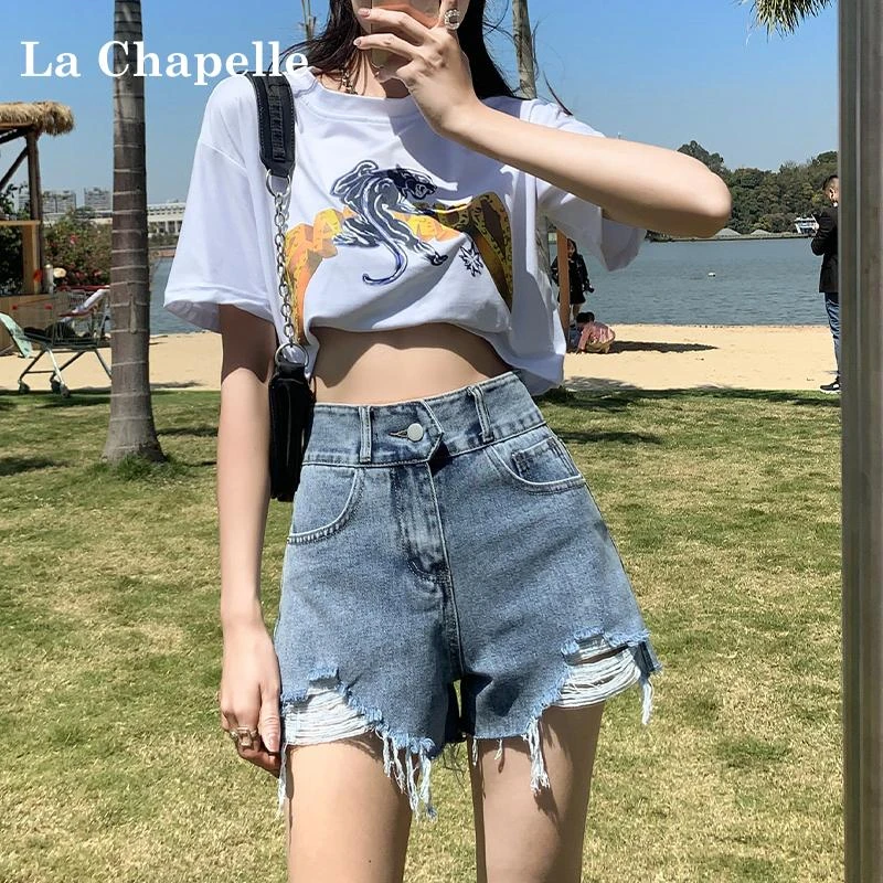 拉夏贝尔小个子破洞牛仔短裤女夏季2025新款复古高腰a字阔腿热裤