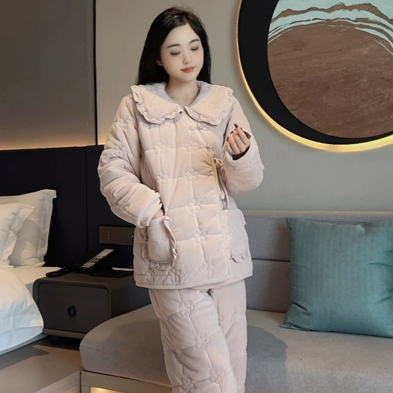 宫廷公主风三层夹棉睡衣女冬季加厚绒保暖甜美国风盘扣家居服套装