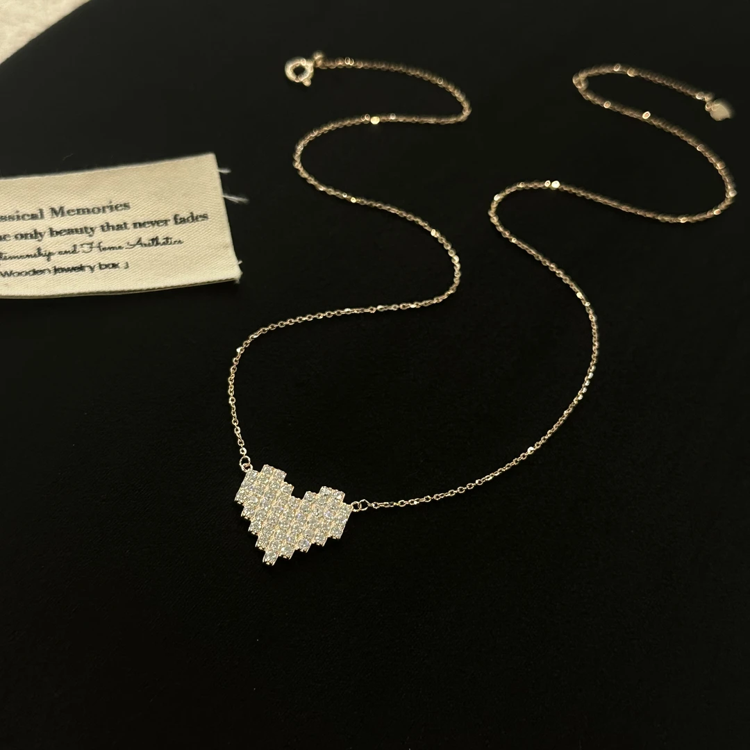 坠链均925银合成锆石 高级时尚马赛克款玫瑰金色爱心项链152