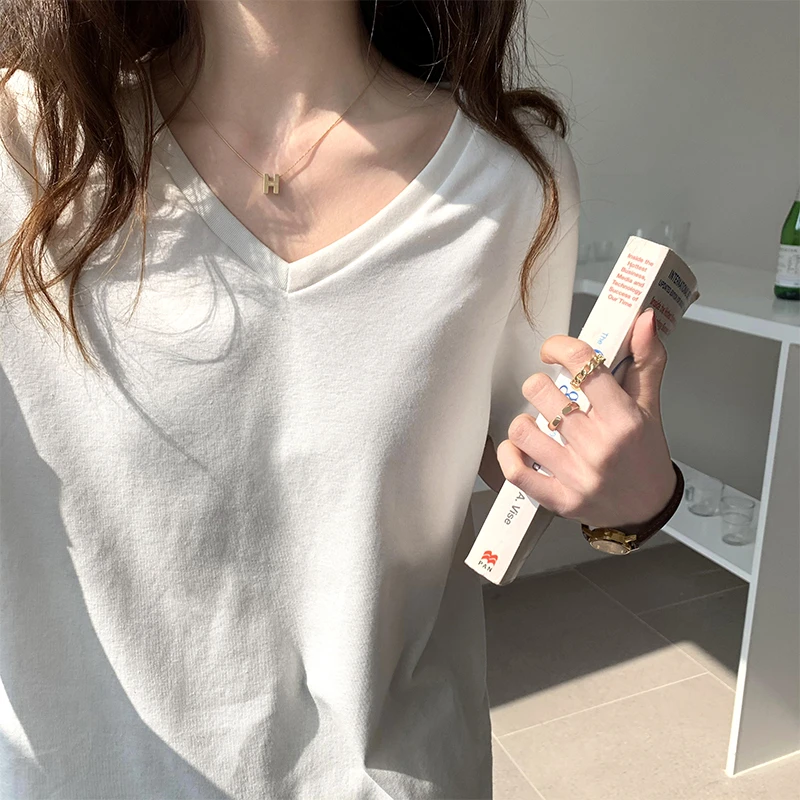 白色v领短袖t恤女2025夏季新款纯色宽松棉质半袖体恤女上衣ins潮