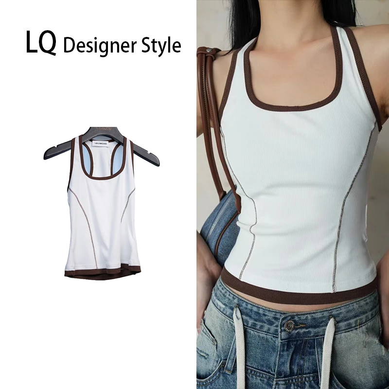 【Q-俏俏】设计师款撞色健身无袖方领打底显瘦吊带背心03017