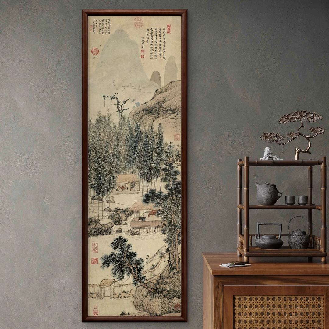 9920-40*120竹炉山房图中式装饰画实木框玄关书房茶室客厅挂画
