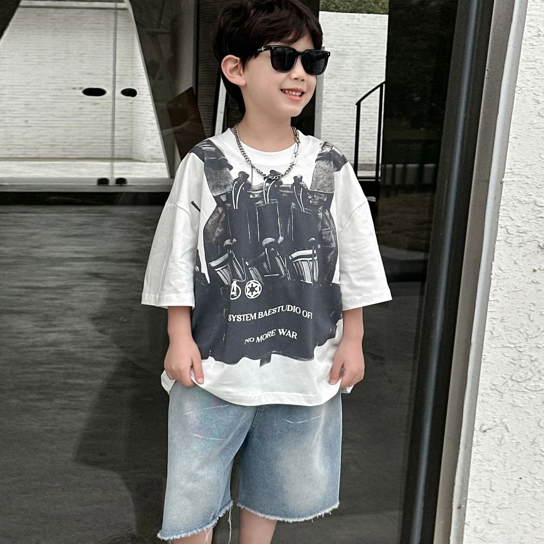 男童夏季纯棉T恤2025年夏季新款印花潮酷儿童短袖t中小童男孩童装