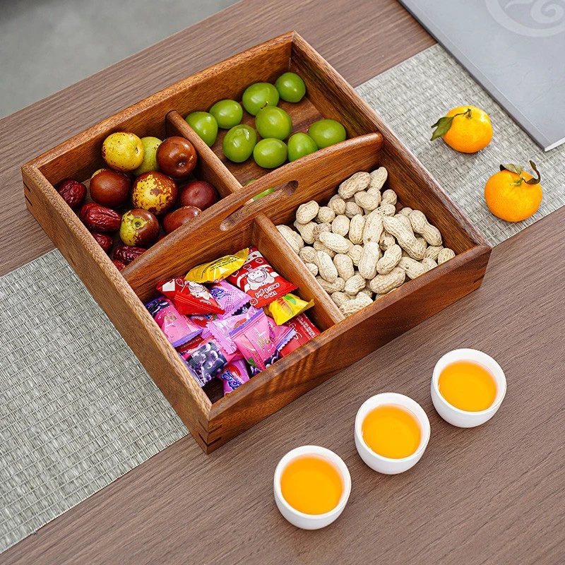 胡桃木中式干果盒四宫格手提订婚实木分格果盘零食糖果瓜