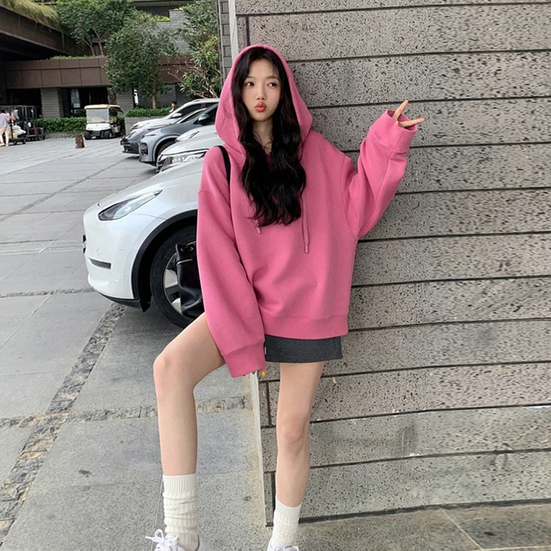网红连帽宽松卫衣女春秋薄款双面棉美式休闲玫粉色长袖慵懒风外套