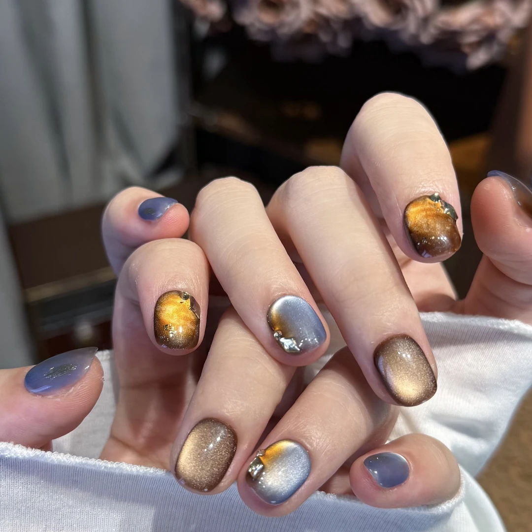 空青·纯手工琥珀渐变海盐美拉德高级追光玻璃珠猫眼穿戴甲