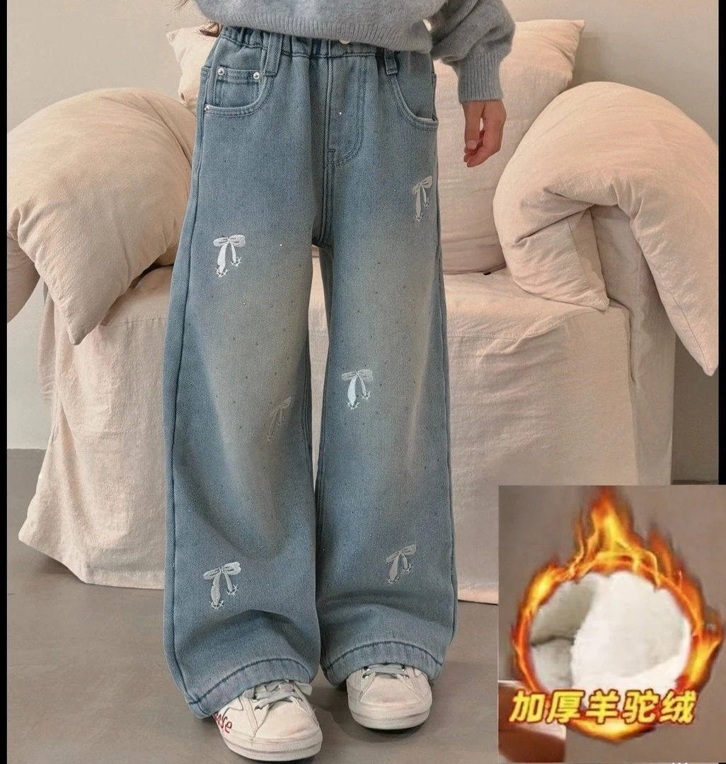 【特厚款，高品质【一条过冬】女童加绒牛仔裤儿童中大童加厚拖地裤潮
