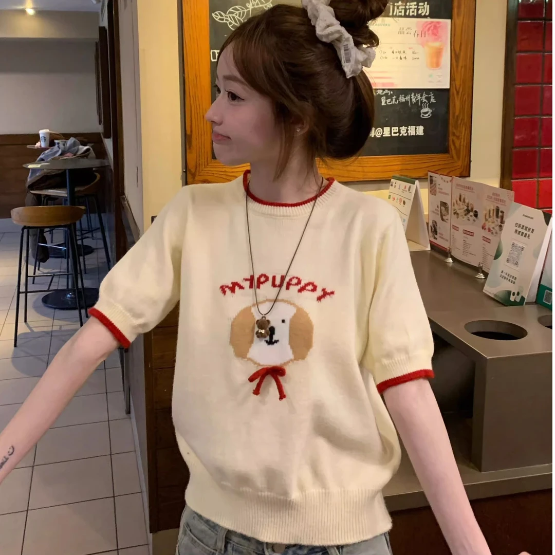 可爱小狗蝴蝶结针织短袖T恤女夏季韩系设计感圆领显瘦上衣