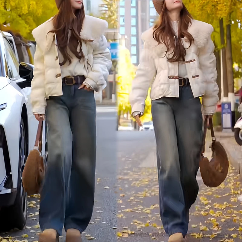 日常韩系温柔套装2025冬季拼接棉服显高阔腿裤氛围感穿搭两件套女