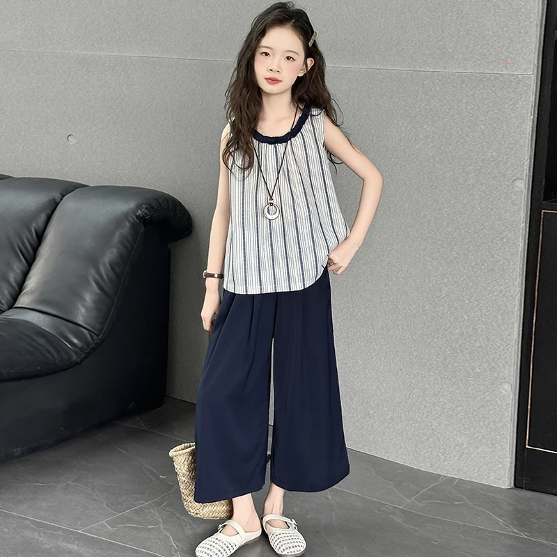女童夏季无袖娃娃衫套装2025新款洋气中大童条纹背心阔腿裤两件套