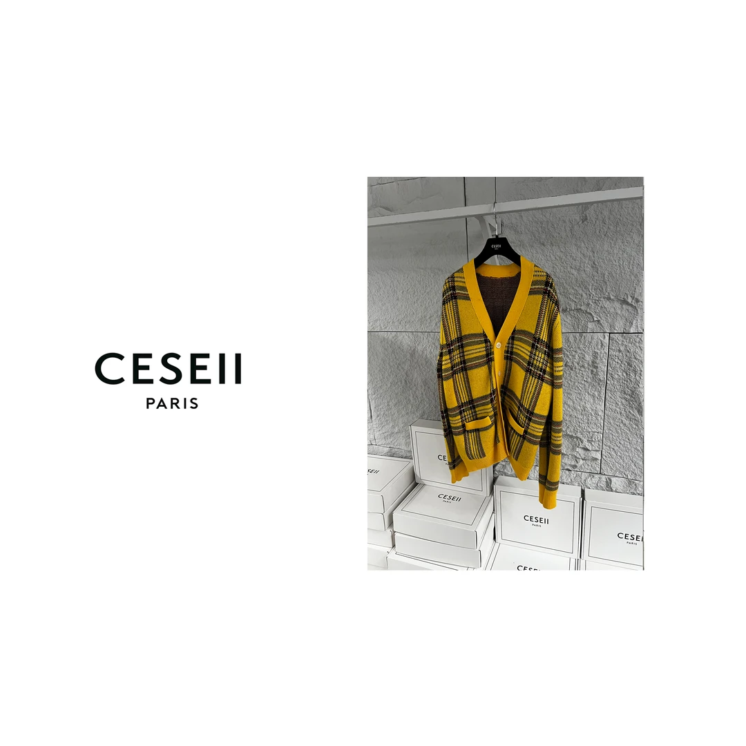 【25XJ688】CESEII必入高品质精纺羊毛经典棋盘格厚重刺绣毛衣外套