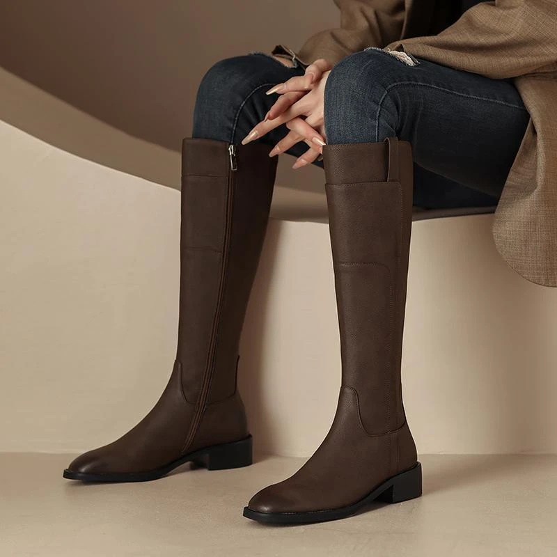 全真皮棕色骑士靴加绒不过膝高筒靴乐福鞋女平底百搭大筒围马丁