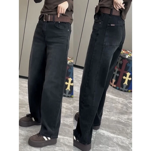 高腰黑灰色加绒直筒牛仔裤大码2025秋冬新款小个子宽松显瘦弯刀裤