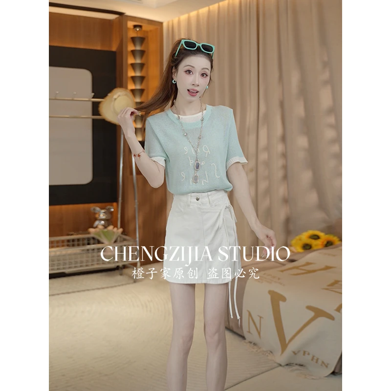 【裴诗婷】橙子·studio 【极光】TX00182假两件字母拼色短袖上衣