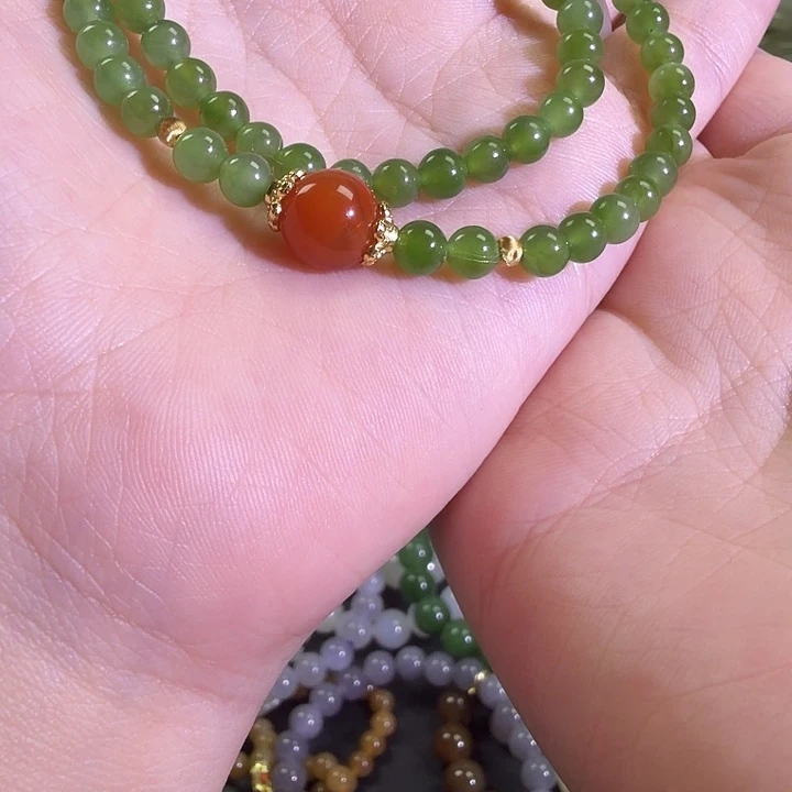 和田玉未镶嵌手链卡5苹果绿无黑双圈