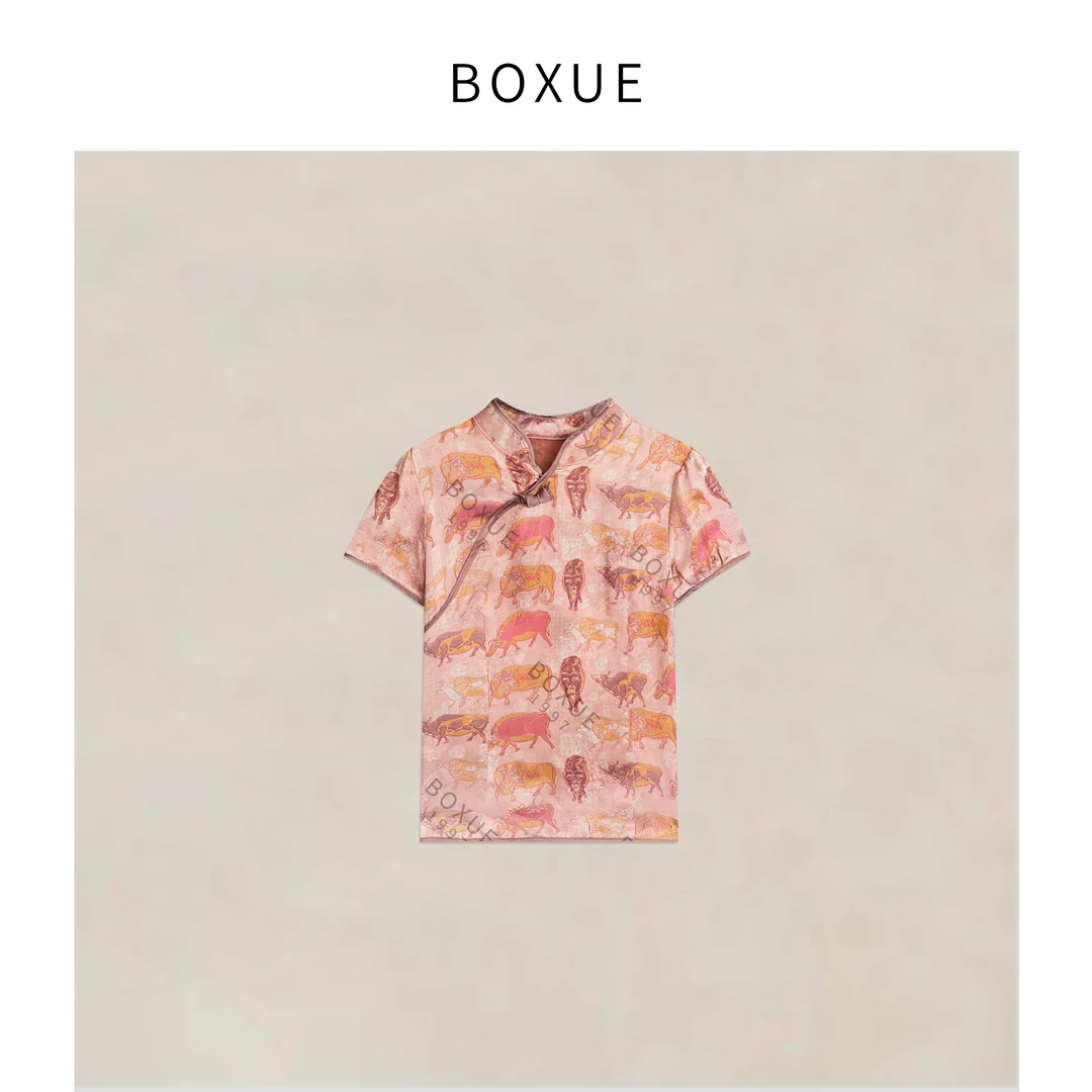 BOXUE”梦露”2025夏款高级感新中式异域印花轻奢 T恤#250512T2415