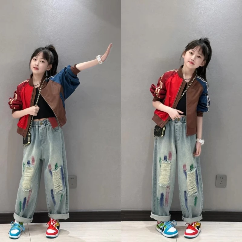 女童撞色夹克衫外套2025春秋新款儿童韩版复古牛仔裤运动风两件套