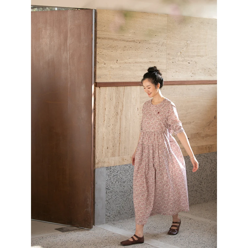 牧衣游 英国liberty小碎花连衣裙文艺气质长裙 鹤影 [不支持会员