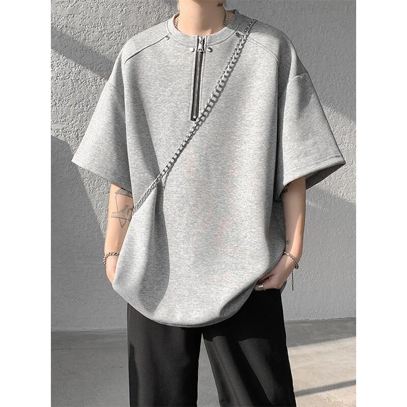 280克重磅亨利领半拉链短袖男款夏季新款潮牌美式上衣宽松半袖T恤