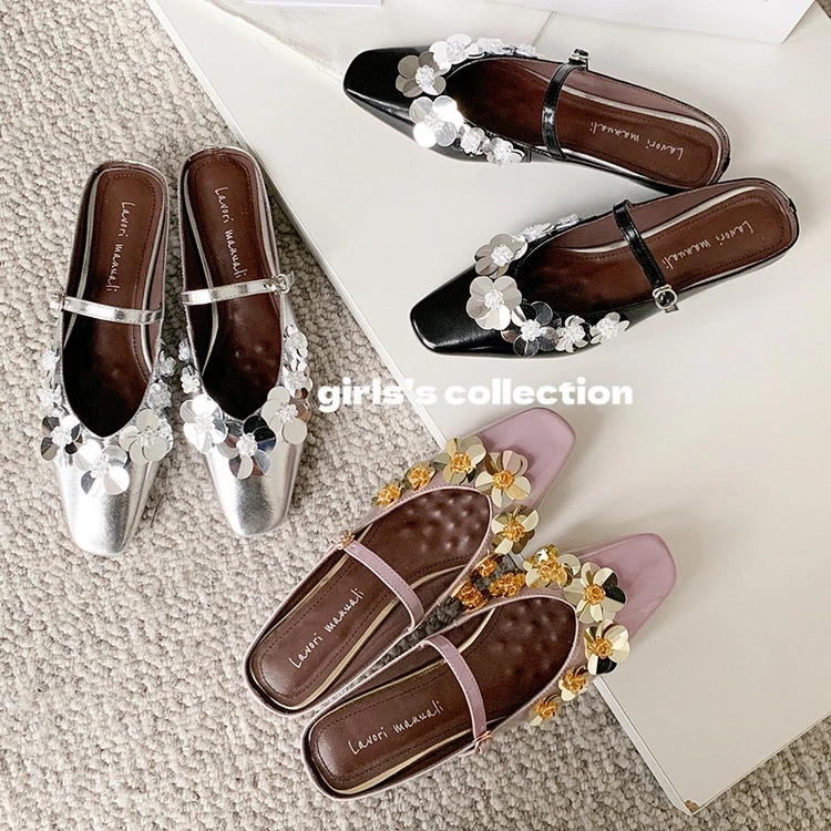 JY/25早春季包头拖2025年夏季复古风粗跟亮片纯色4376