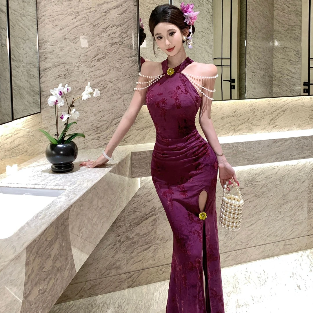 新中式复古紫色提花挂脖连衣裙御姐性感辣妹气质收腰包臀改良旗袍