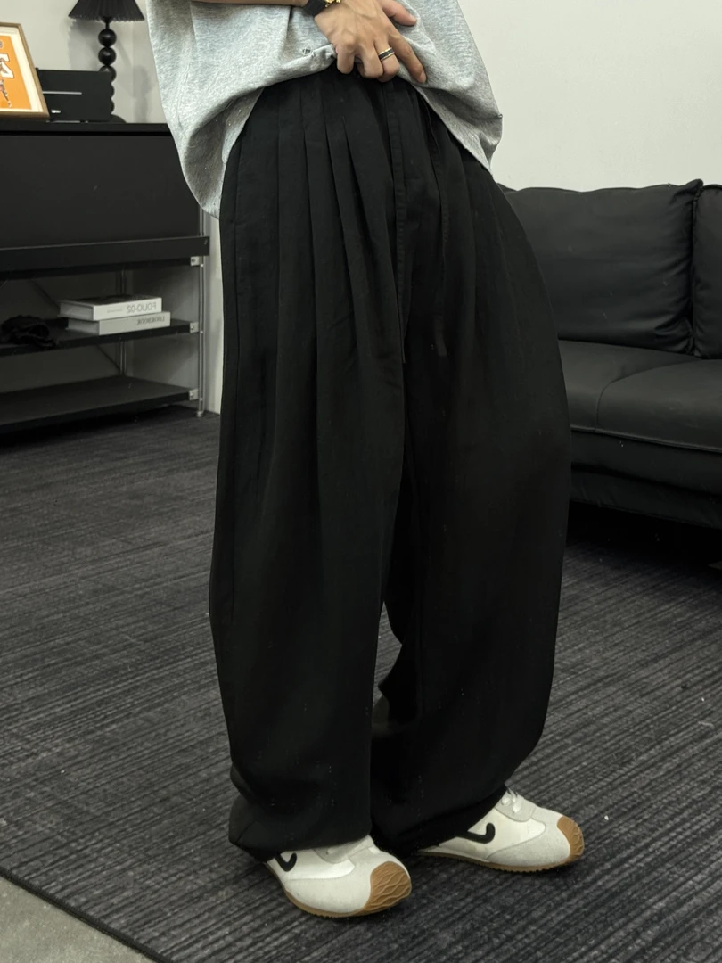 非凡-夏 新款复古高级感亚麻潮流百搭休闲层叠抽绳宽松长裤2535