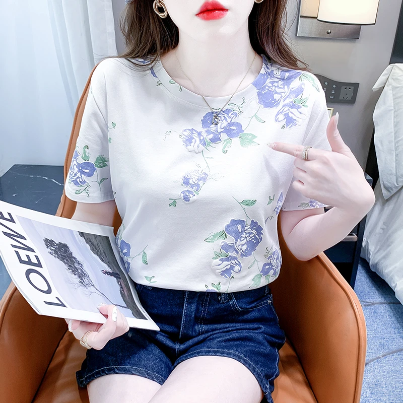 印花短袖t恤女ins潮圆领宽松夏季新款时尚女装百搭白色上衣薄款