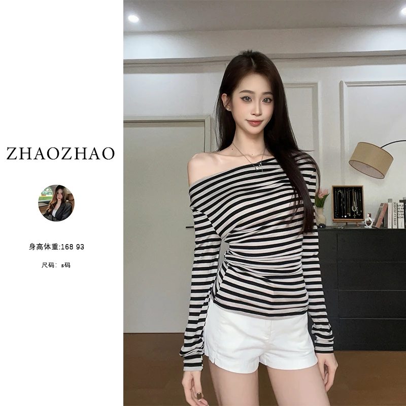 2025年春季新款条纹一字肩收腰修身显瘦纯欲长袖上衣