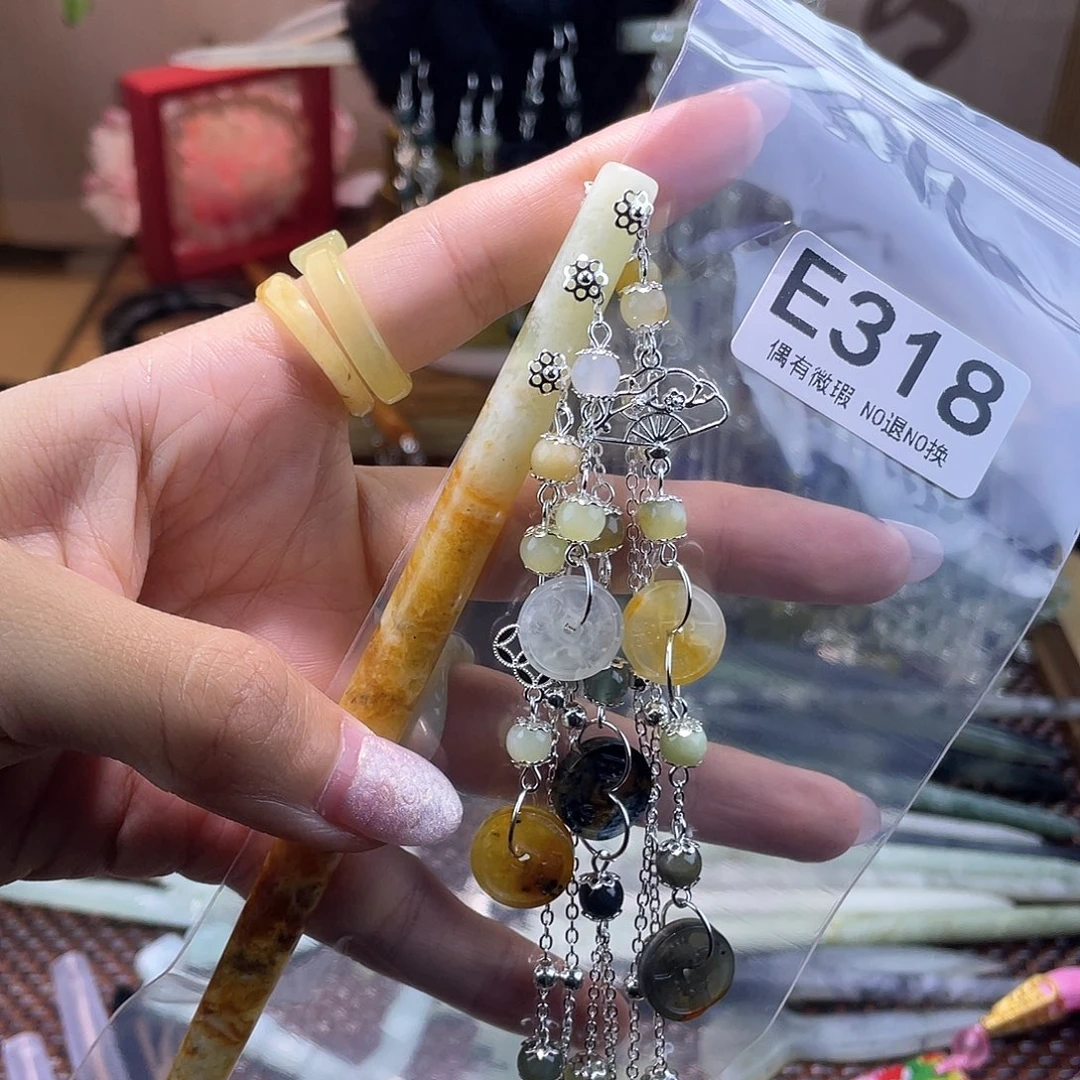 蛇纹石玉发饰银S925镀金镶嵌燕**薯