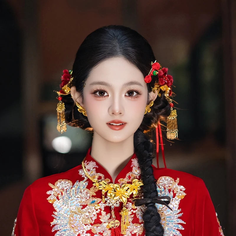 合金布艺婚庆饰品 新中式国风新娘发饰爆款绒花俏皮晨袍发饰D0683