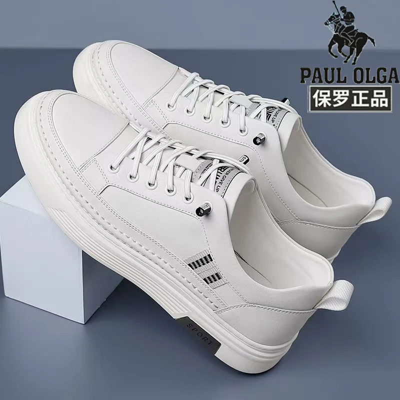 保罗男鞋真软皮底小白休闲皮鞋男士户外透气百搭时尚运动内增高鞋