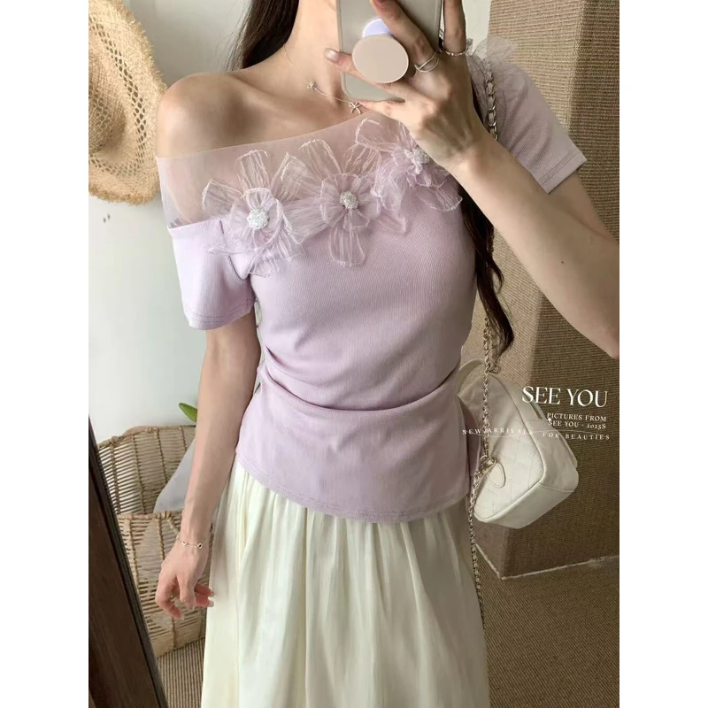 （6-8运贴）“温柔氛围感”韩系立体花花斜肩小衫设计感褶皱开叉上