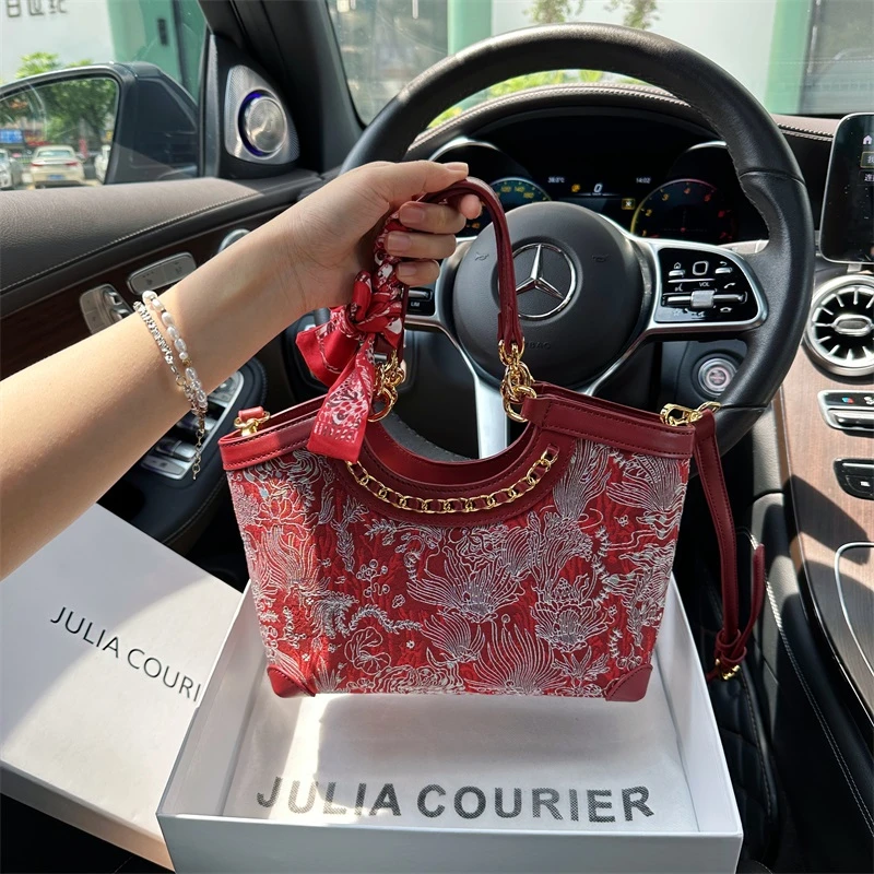 Julia Courier女包轻奢新中式刺绣托特包包2025新款新娘红色婚包