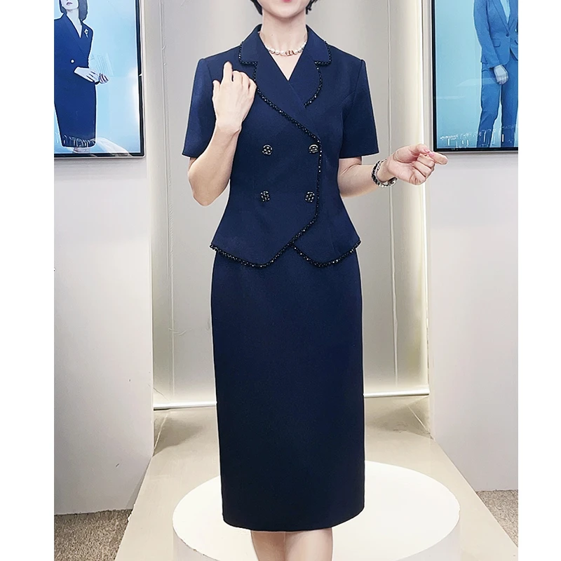 璐丝百丽 220451短袖 西装领连衣裙女夏气质洋气法式中长款职业裙