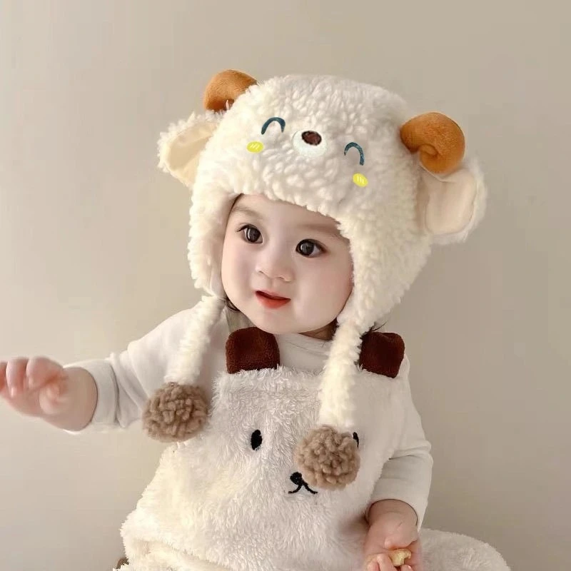 婴儿帽子秋冬季可爱小羊卡通男女宝宝毛绒保暖加厚儿童帽子护耳帽