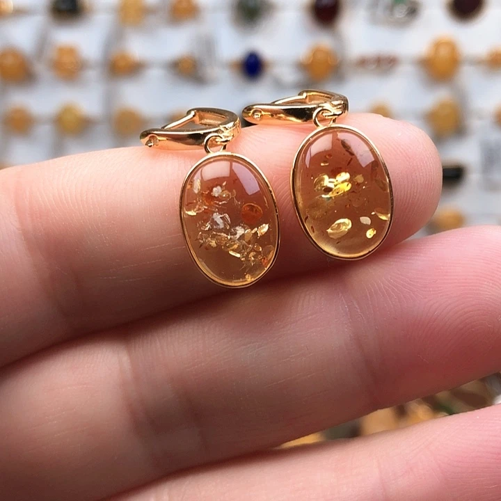 琥珀（花珀）银S925镀金镶嵌耳坠