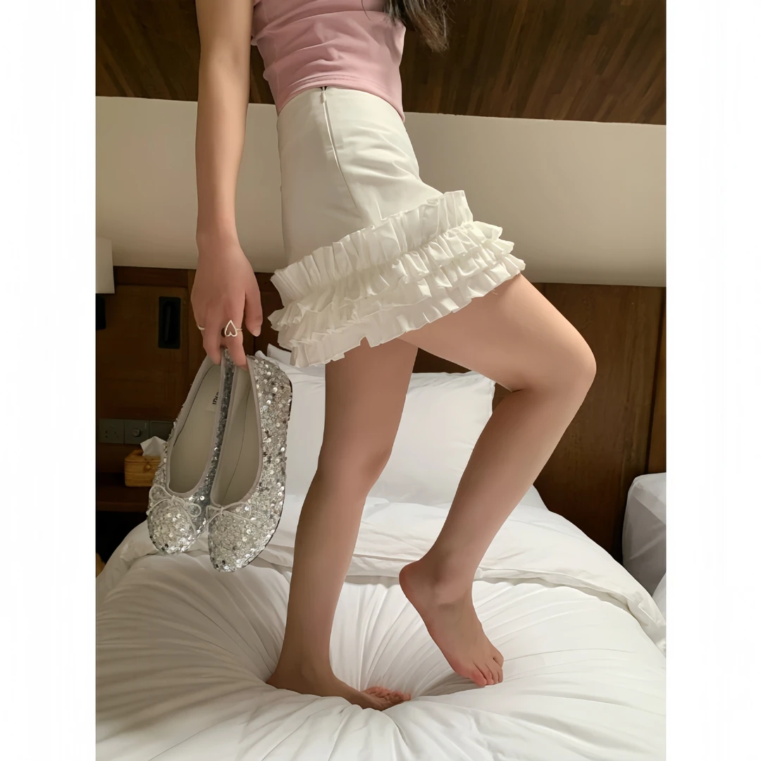 NEW OPEN 2025夏季新品韩版法式木耳边短裙显瘦高腰甜辣风半裙女