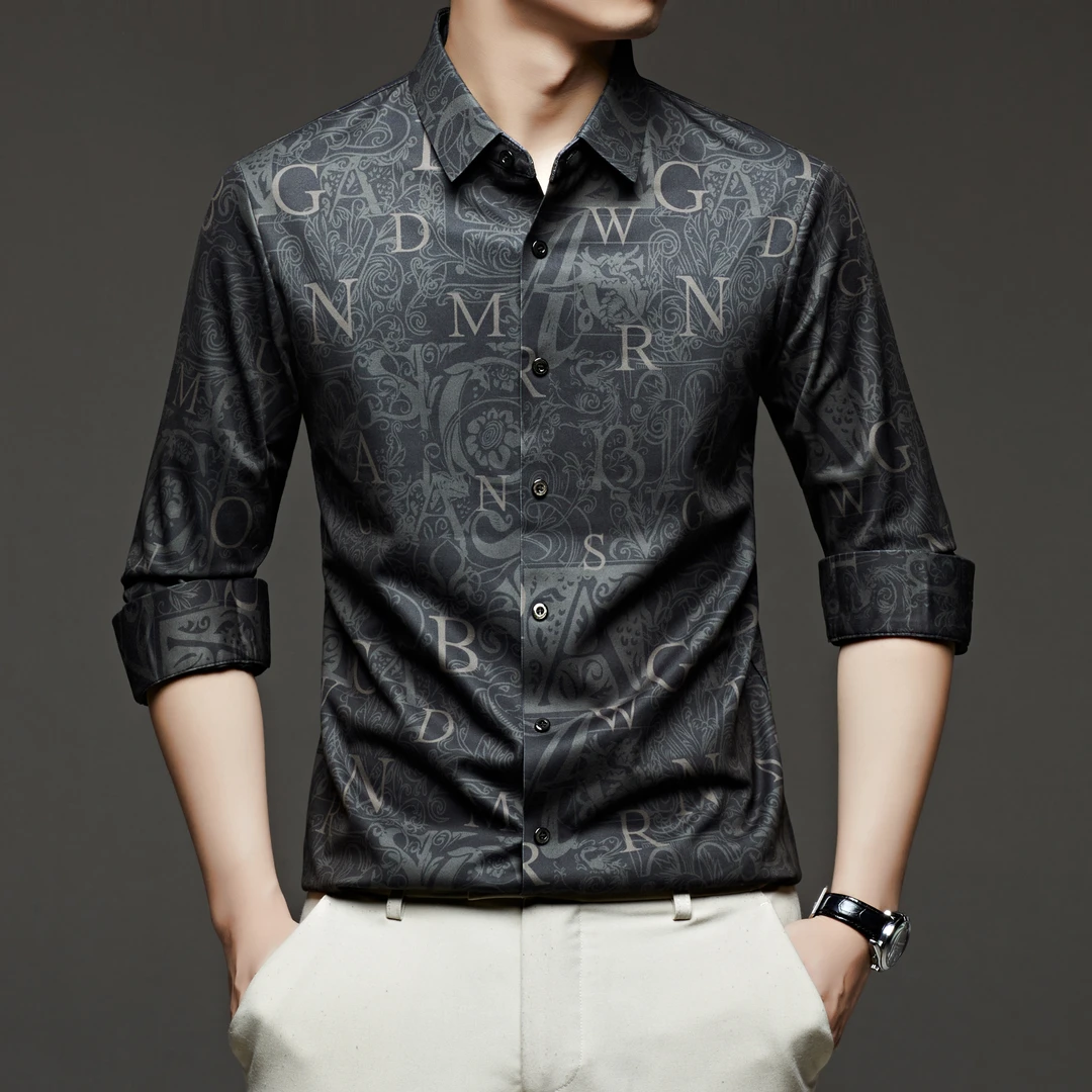 英伦奢品秋季高档潮流商务时尚长袖衬衫男士休闲碎花中年无痕衬衣