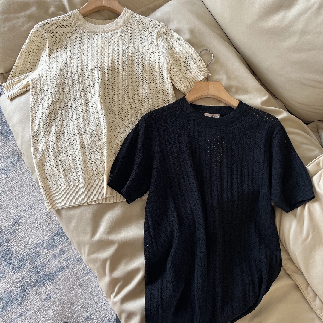 【休闲简奢】休闲圆领镂空透气伊力特针织短袖POLO衫男士条纹短袖潮