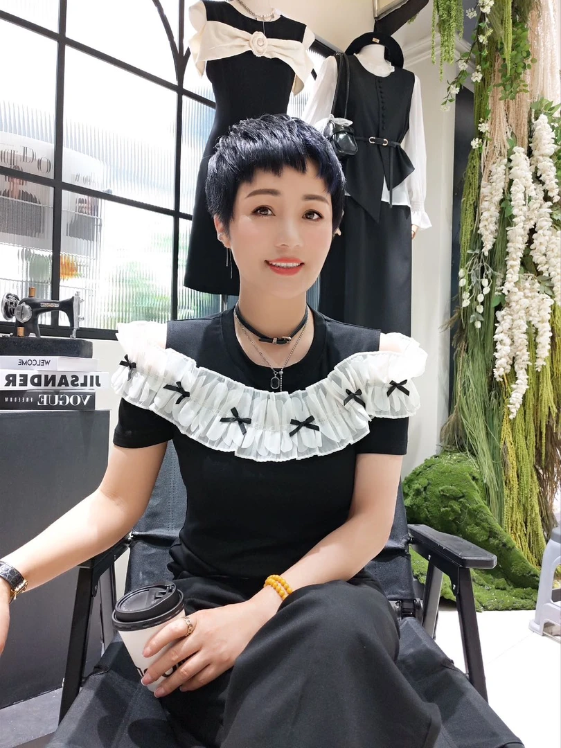 859#  夏季新款修身拼接T恤法式短袖圆领设计师荷叶边