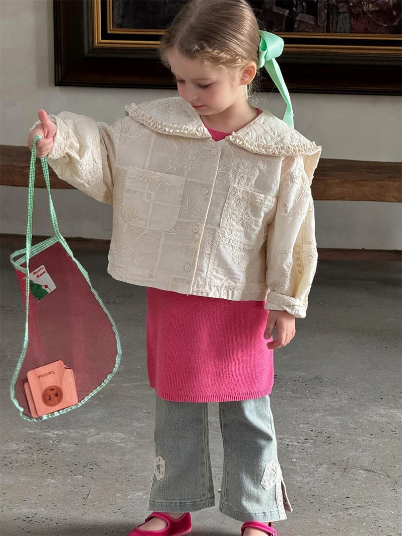 韩系童装2025春夏新款女童外套纯色刺绣花边短款大翻领上衣
