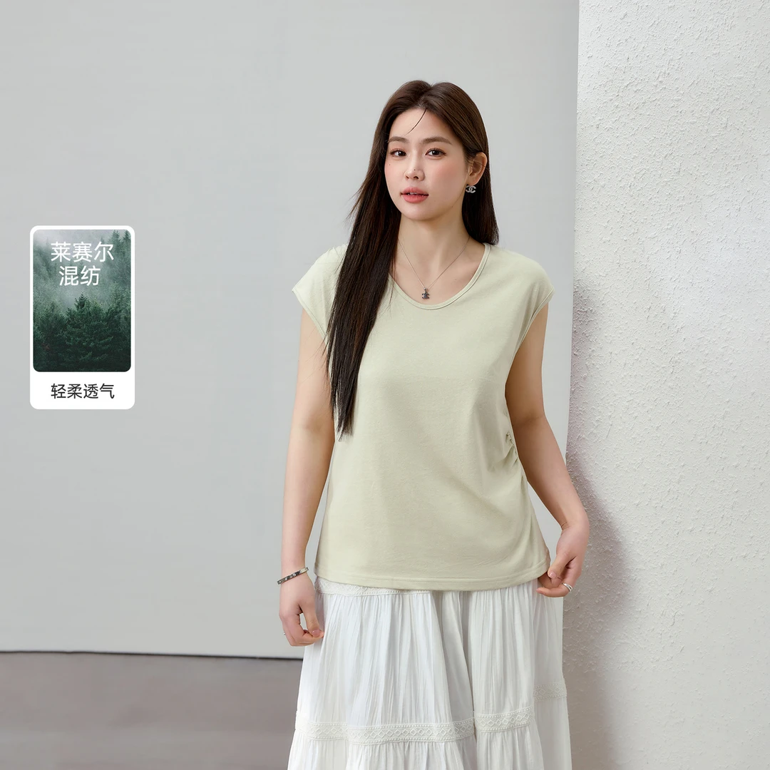 【莱赛尔休闲T恤】纤莉秀大码女装时尚圆简约显瘦简约百搭t恤QK0890