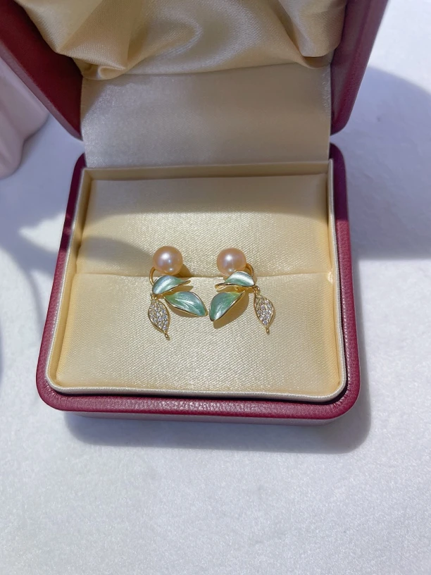 YINYUAN珍珠一叶知秋蝶恋花新中式耳环极光淡水6-7mm正圆无暇