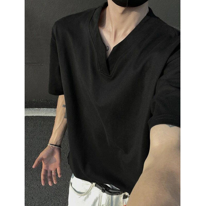 黑色重磅索罗娜t恤男款夏季cleanfit亨利V领短袖美式高街正肩半袖