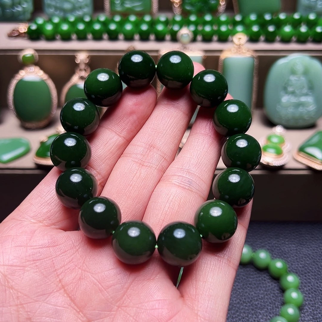 悦***球和田玉（碧玉）未镶嵌颈饰碧玉老菠菜手串