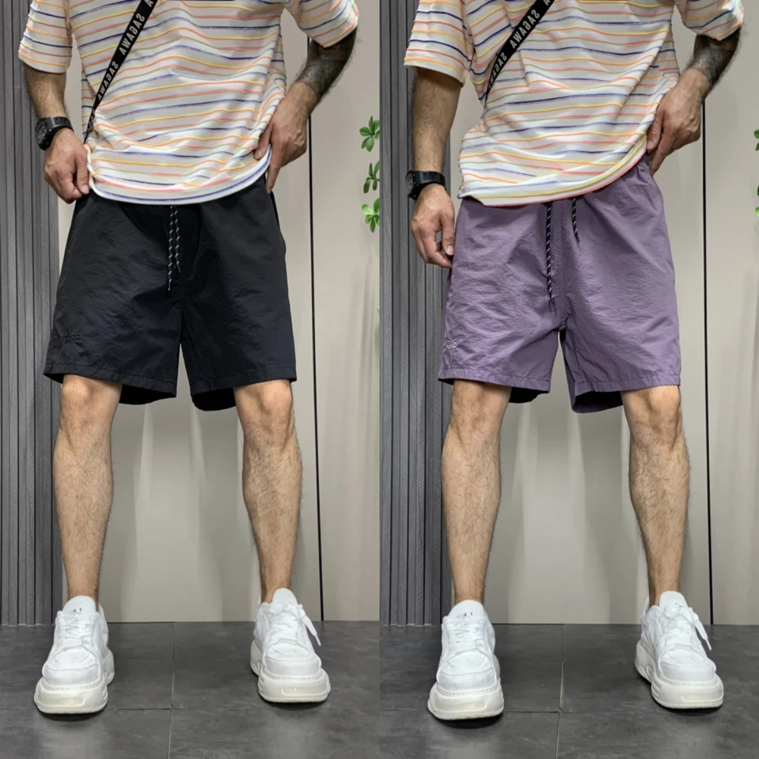 夏季2025新款日系简约纯色抽绳短裤男潮牌宽松百搭直筒休闲五分裤