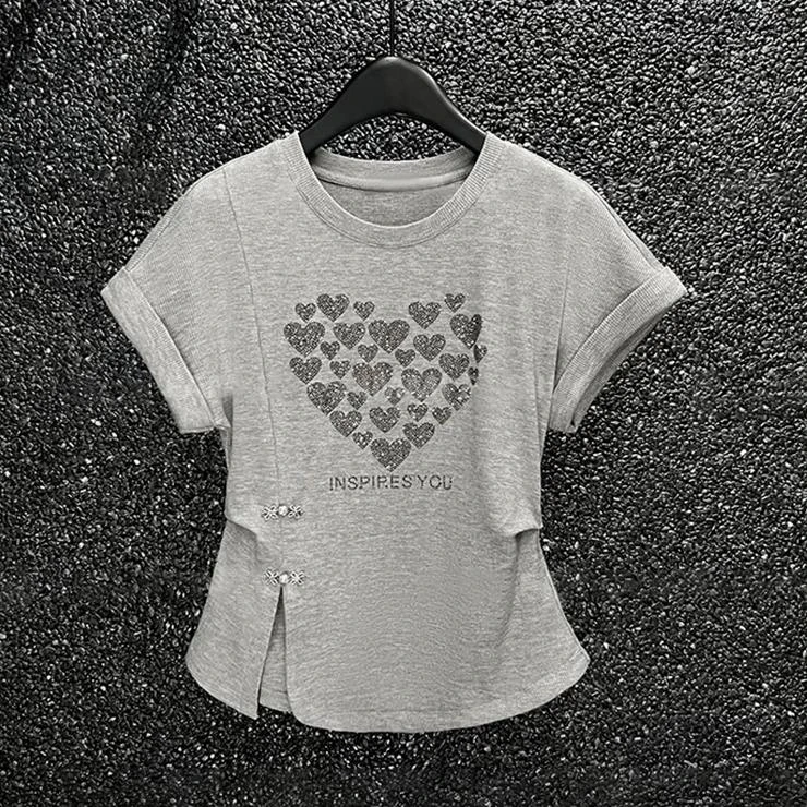 2025夏季新款重工爱心烫钻百搭短袖T恤女设计感修身气质显瘦上衣