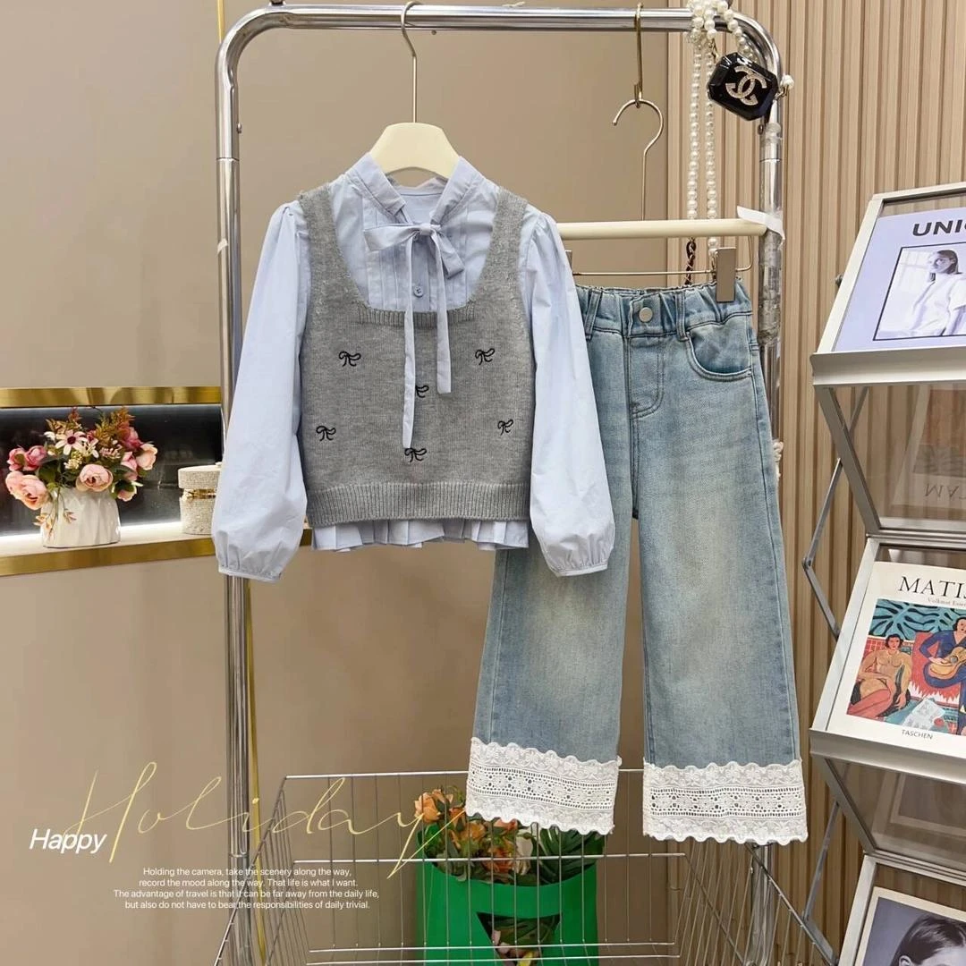 女童春季套装新款儿童韩系童装一整套中大童洋气马甲三件套潮