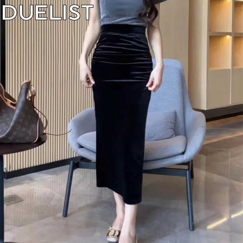 DUELIST半身裙女春秋款褶皱包臀裙长裙高腰开叉覆古显瘦一步裙潮